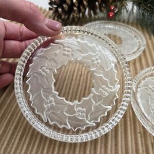 Crystal Christmas Coasters Holly Design Genuine Lead With Original Box Set Of 4